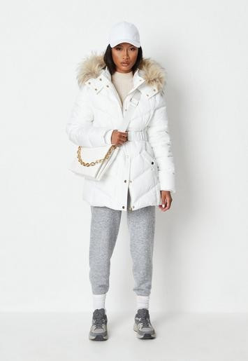 Missguided - White Gold Trim Belted Faux Fur Hooded Puffer Jacket | Missguided (US & CA)