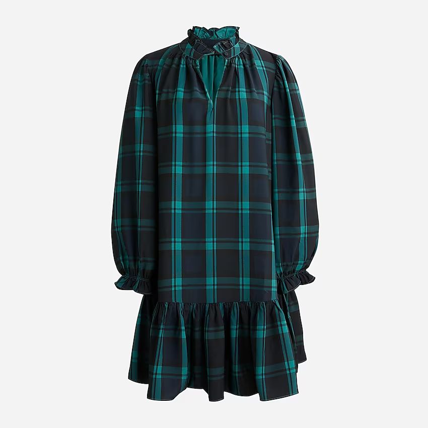 Ruffle puff-sleeve dress  in Black Watch tartan | J.Crew US