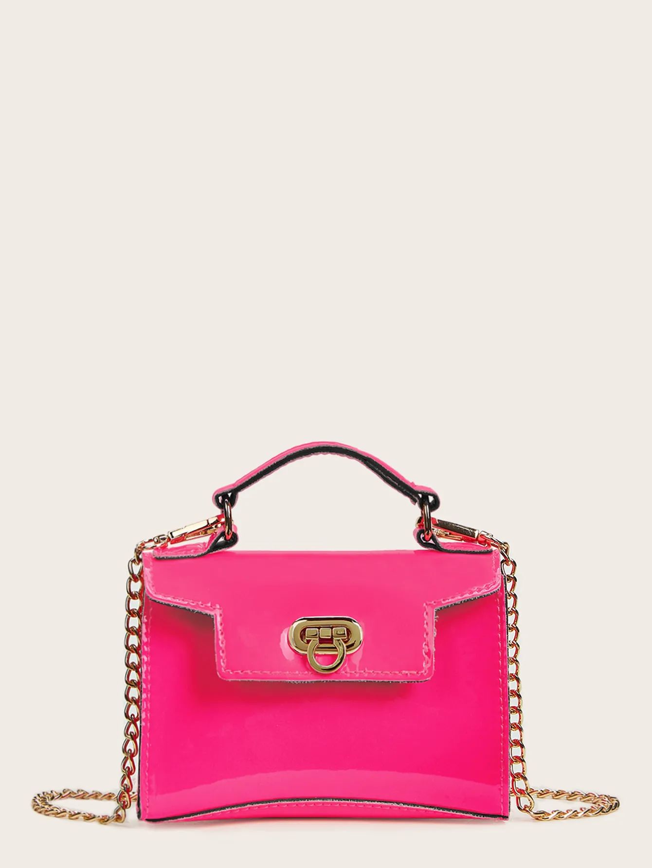 Neon Pink Metal Lock Chain Strap Satchel Bag | SHEIN