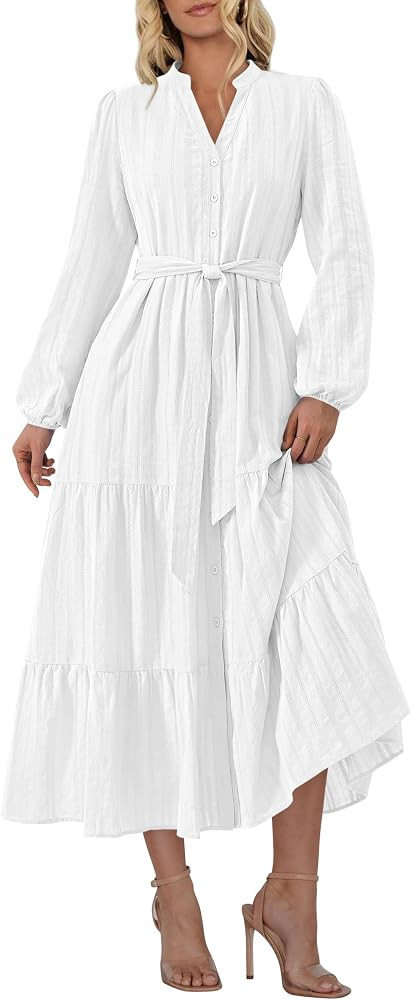 PRETTYGARDEN Womens V Neck Long Sleeve Maxi Dresses 2026 Spring Casual Button A Line Flowy Formal... | Amazon (US)