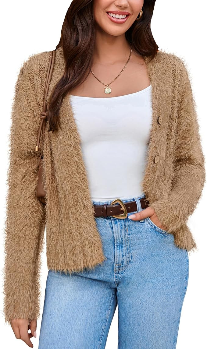 GRACE KARIN Women's Fuzzy Cardigan Long Sleeve Open Front V-Neck Button Down Loose Knit Sweater O... | Amazon (US)