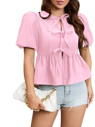Womens Babydoll Peplum Tops Summer Puff Short Sleeve Bow Tie Blouse Y2k Cute Trendy 2025 Shirts | Amazon (US)