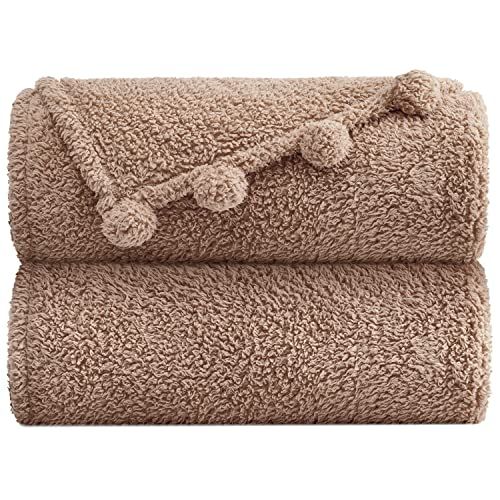 Sherpa Throw Blanket for Couch - 60x80, Beige with Pom Poms - Fuzzy, Fluffy, Plush, Soft, Cozy, W... | Amazon (US)