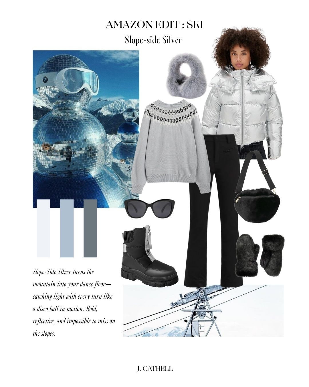 Slope-Side Silver turns the mountain into your dance floor—catching light with every turn like a disco ball in motion. Bold, reflective, and impossible to miss on the slopes. 

 



#LTKSeasonal #LTKOver40 #LTKTravel