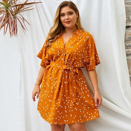 uikmnh Women Short Sleeve V-Neck Plus Size Polka Dot Dress Yellow XXXL | Walmart (US)