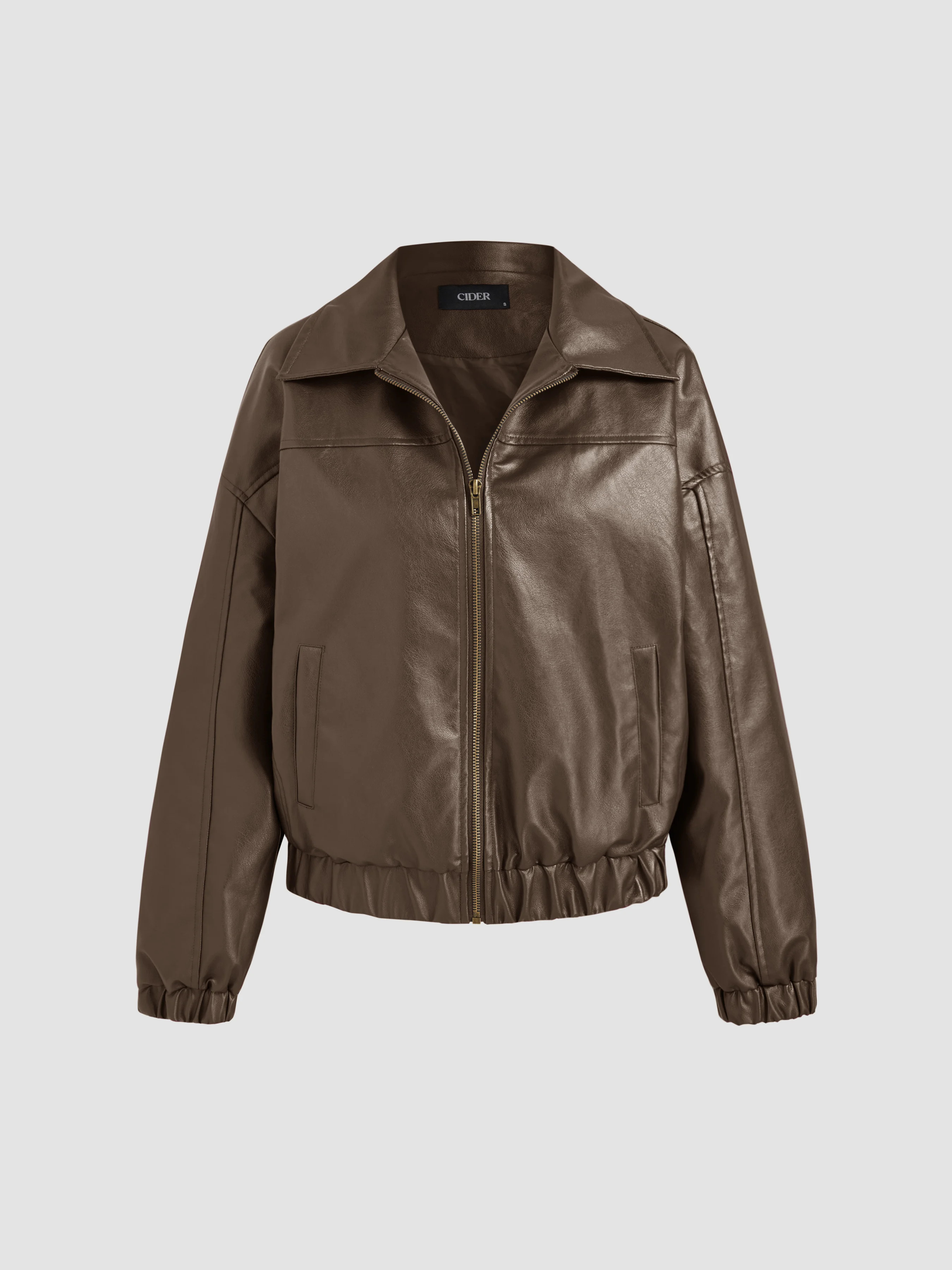 Valentine Faux Leather Faux Leather Collar Solid Pocket Zipper Bomber Jacket For School | Cider