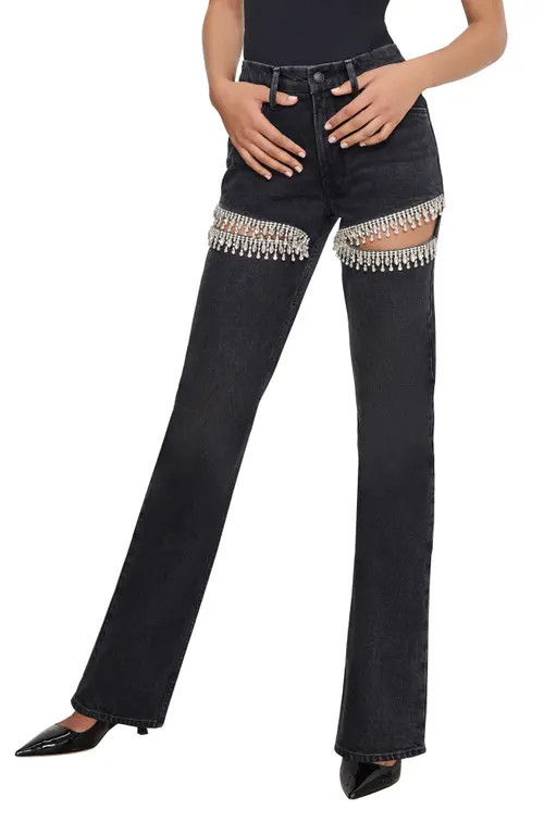 Good American Good Icon Crystal Embellished Cutout Straight Leg Jeans in Black376 at Nordstrom, Size 0 | Nordstrom