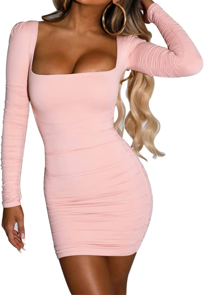 SHESEEWORLD Women's Sexy Long Sleeve Square Neck Ruched Party Bodycon Dress Mini Club Dress | Amazon (US)