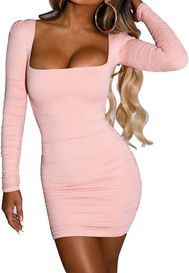 SHESEEWORLD Women's Sexy Long Sleeve Square Neck Ruched Party Bodycon Dress Mini Club Dress | Amazon (US)