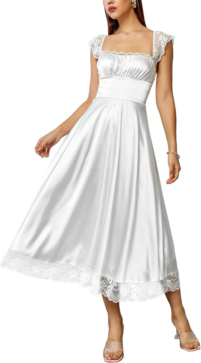 EYNMIN Women's Summer Casual Midi Dress Lace Strap Square Neck Flowy A-Line Dresses | Amazon (US)