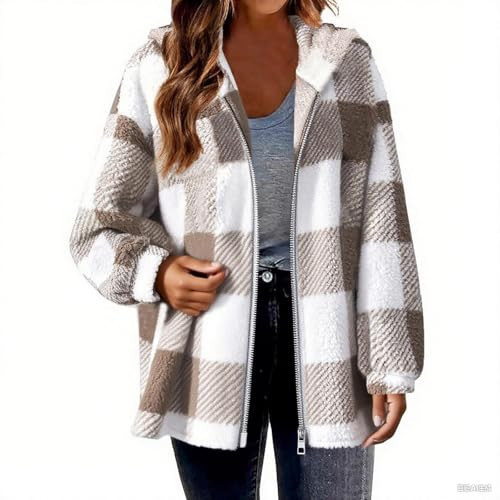 Fleece Jacket Women Shaggy Checkered Flannel Jacket Cozy Shacket Black Zip Up Hoodie Warm Fuzzy Varsity Jackets with Hood Vintage Fall Lightweight Hoodies Comfy Womens Long Coat Beach Outfits | Amazon (US)