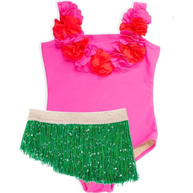 Hula Girl Fringe Tutu One Piece, Pink and Green | Maisonette
