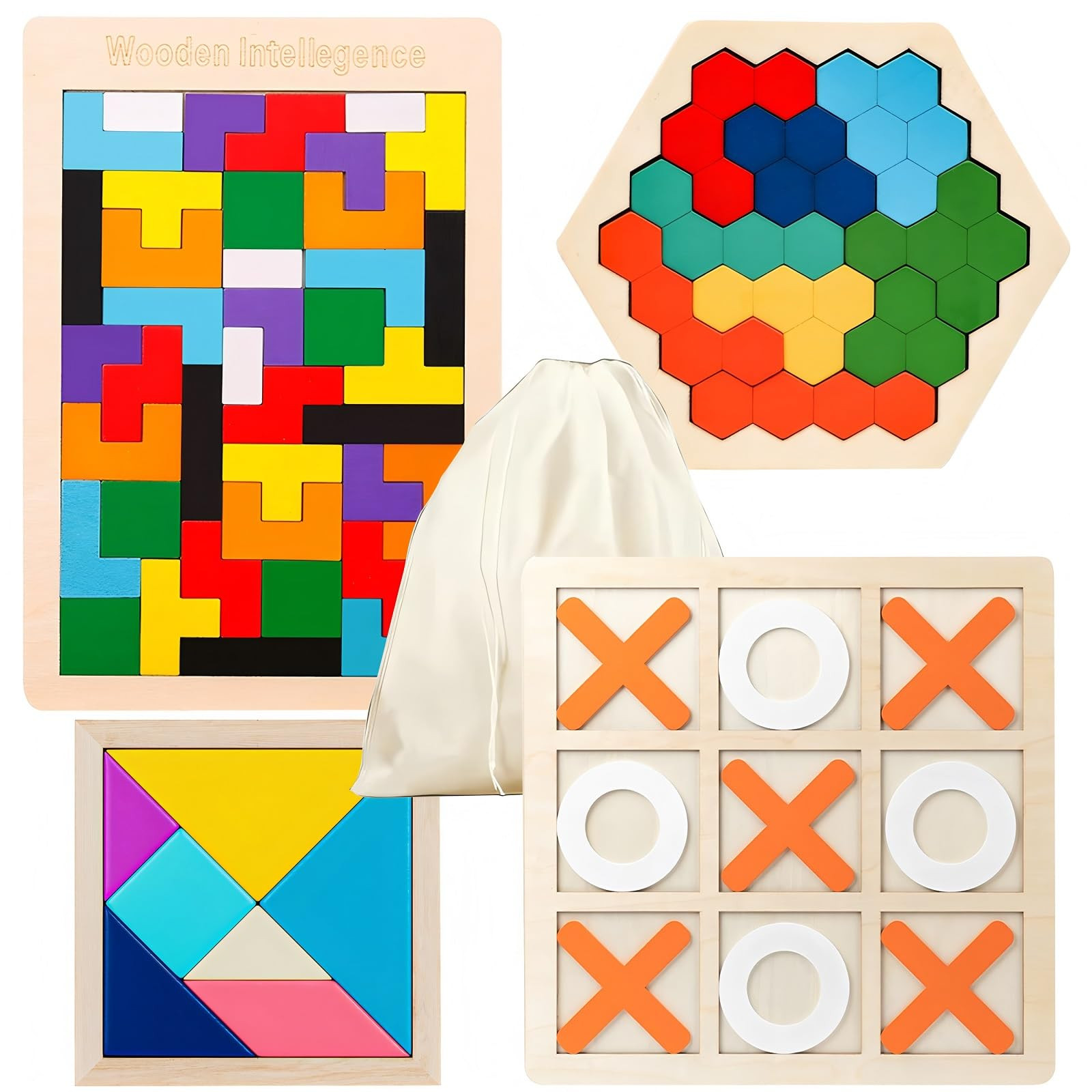4 Pack Wooden Blocks Puzzles, Russian Blocks, Hexagon Puzzles, Tangrams Puzzles, Board Tic Tac To... | Amazon (US)