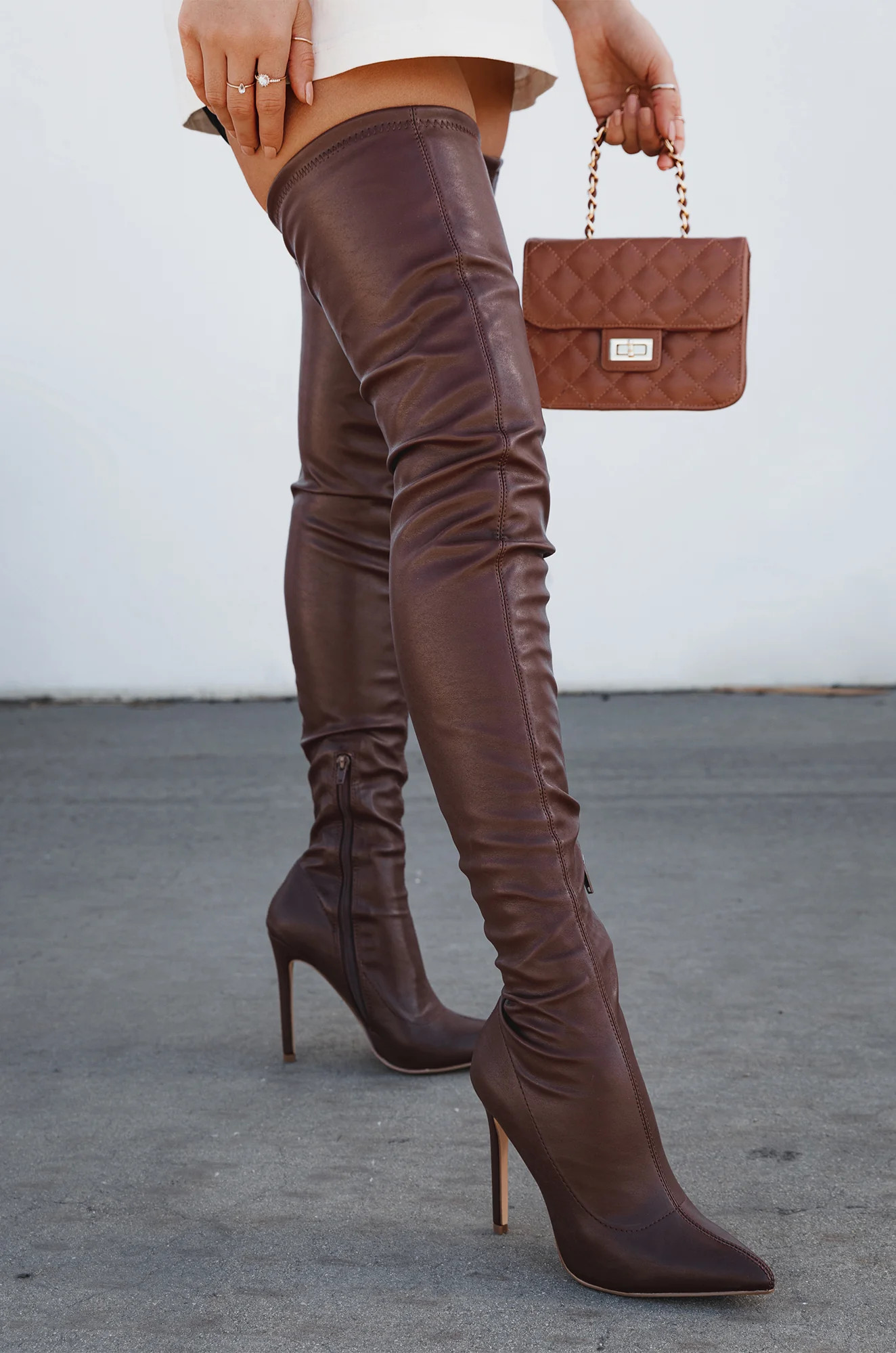 Miss Lola | Brown PU Over The Knee High Heel Boots | MISS LOLA