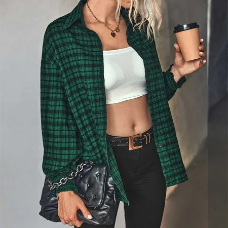 Button Down Top Striped Plaid Blouse Turn Down Collar Jacket Women‘s plaid Long Sleeve Shirt Aztec S | Walmart (US)