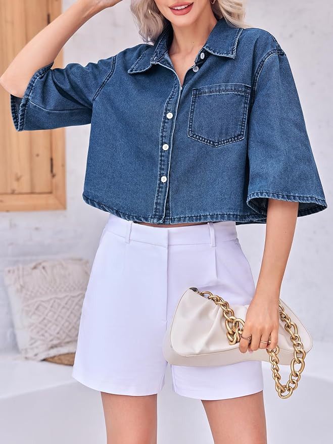 Tankaneo Womens Crop Denim Shirt Half Sleeve Button Down Short Jean Jacket with Pocket | Amazon (US)
