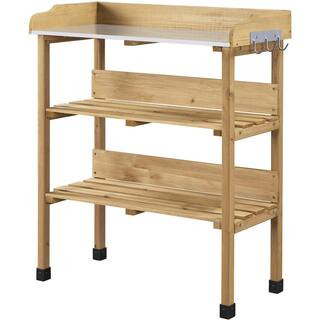 Yaheetech Outdoor Garden Natural Wood Potting Bench with 3 Storage Shelves and Hook Work Station ... | The Home Depot