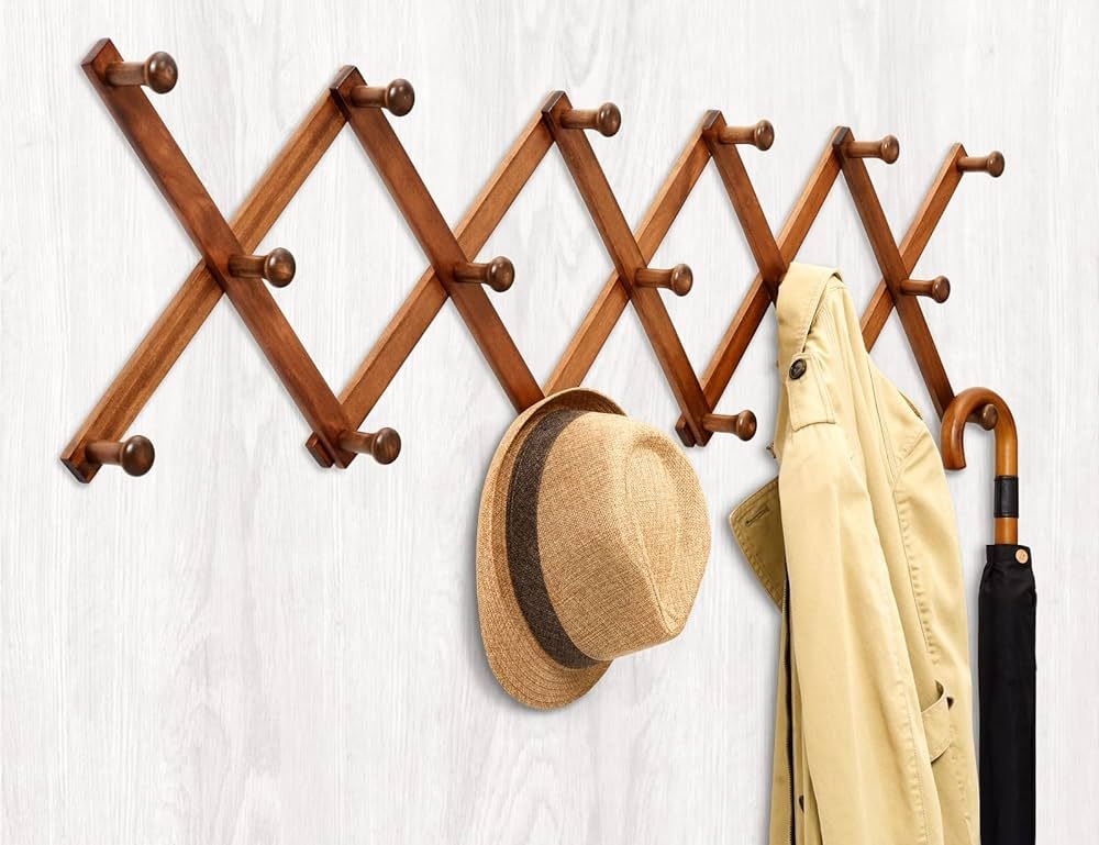 Amber Home Wood Accordion Wall Rack 17 Hooks (Pegs), Expandable Wall Mounted Hanger for Coat, Hat... | Amazon (US)