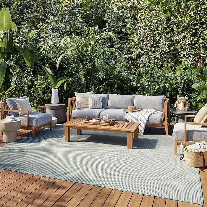 Nourison Courtyard Indoor/Outdoor Ivory Aqua 8' x 10' Area Rug, Geometric, Easy Cleaning, Non She... | Amazon (US)