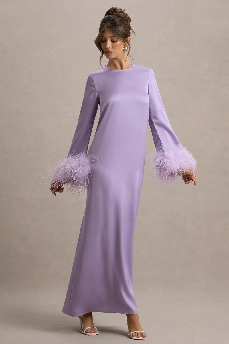 Adella  Lilac Satin Feather-Trim Maxi Dress | Club L London