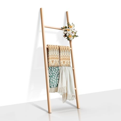 Natural Solid Wood Blanket Ladder, Decorative Towel Display Rack Holder, 4 Tier 5ft Rustic Farmhouse Wall Leaning Stand for Bedroom Living Room Bathroom (Natural Wood) | Amazon (US)