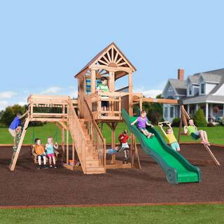 Caribbean Outdoor Playground Set w/ Wave Slide, Rockwall, Swing Set, and Porch-Style Bench Swing | The Home Depot