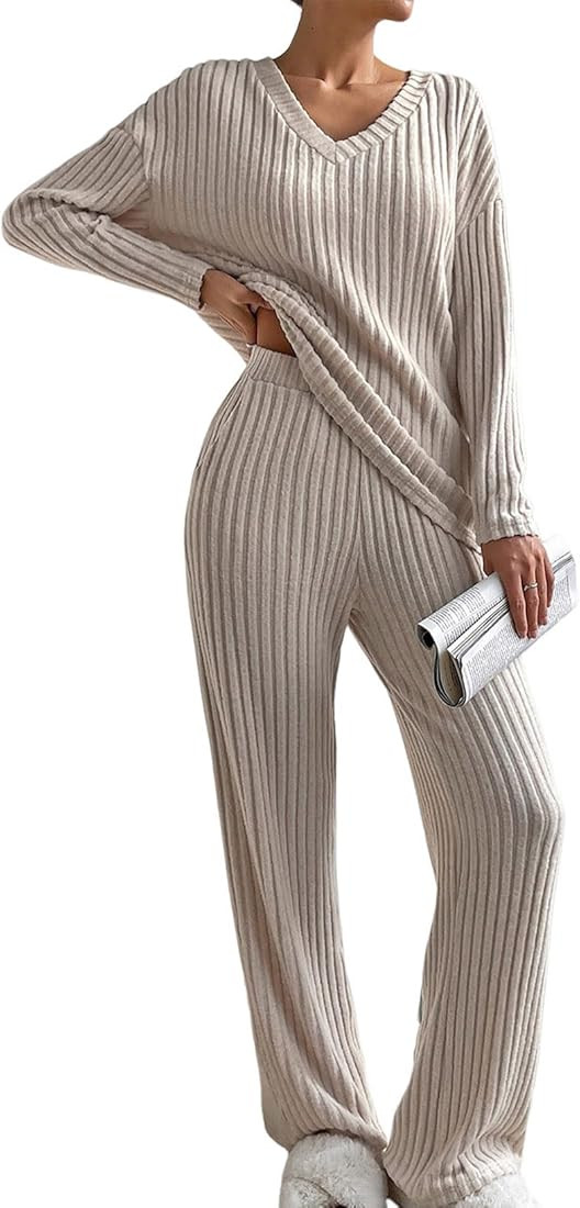 SHEWIN Women's Pajama Sets Long Sleeve 2 Piece Lounge Sets Ribbed Knit Sweater Sleepwear | Amazon (US)