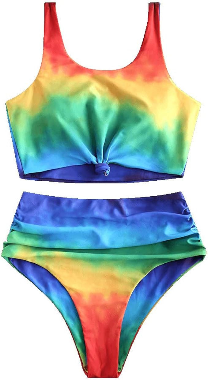 ZAFUL Women's Knot Scoop Neck Bikini Set Ruched High Waisted Two Piece Swimsuits Tankini… | Amazon (US)