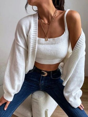 SHEIN EZwear Casual Knit Cropped Camisole And Oversized Cardigan With Front Opening,Perfect For H... | SHEIN