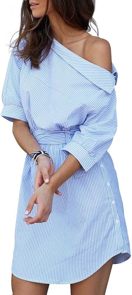 Simplee Women's One Shoulder Striped Belted Casual Mini Shirt Dress | Amazon (US)