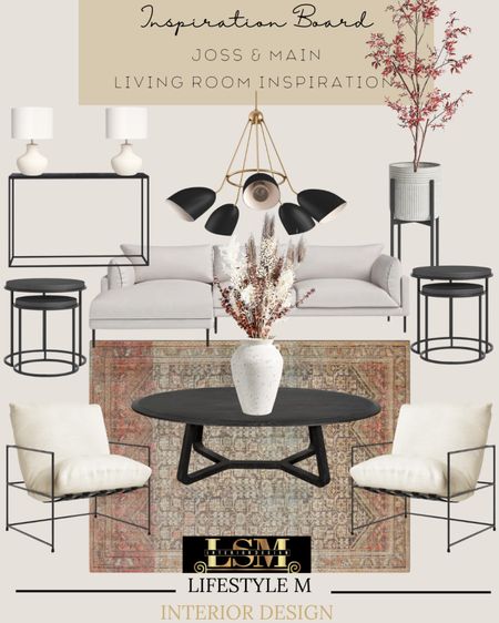Modern transitional style living room design. Recreate this look for your home by shopping the pieces below! Oval coffee table, lounge accent chairs, white decor vase, round end tables, console table, white table lamps, faux plants, modern chandelier, planter, fall faux tree, living room rug, white sofa. 

#LTKSeasonal #LTKhome #LTKstyletip