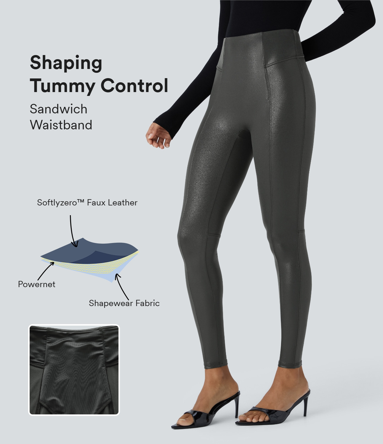 Halara SoCinched High Waisted Tummy Control Faux Leather Foil Print Stretchy Leggings - Shiny Dusk Black - XS(7/8) | HALARA