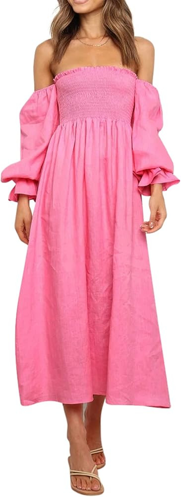R.Vivimos Summer Dress for Women Long Sleeve Casual Plaid Print Smocked Off Shoulder A-Line Midi Dre | Amazon (US)