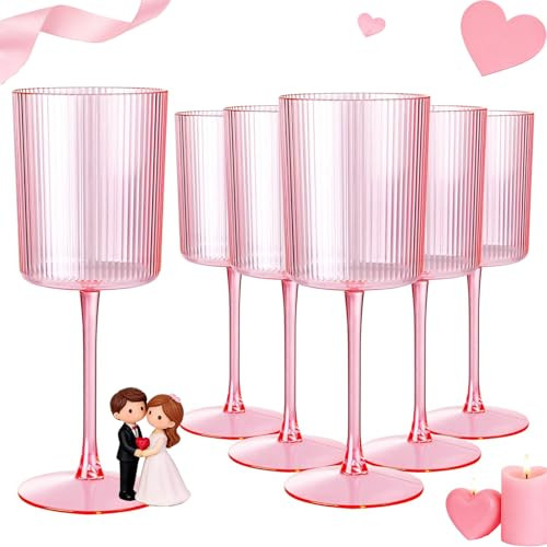 Ciaell 12 PCS Pink Plastic Ribbed Wine Glasses - 10 OZ Plastic Square Wine Glasses with Stem - Di... | Amazon (US)