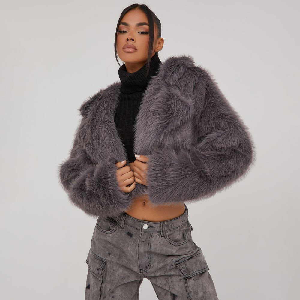 Long Sleeve Cropped Coat In Grey Faux Fur | EGO (UK)