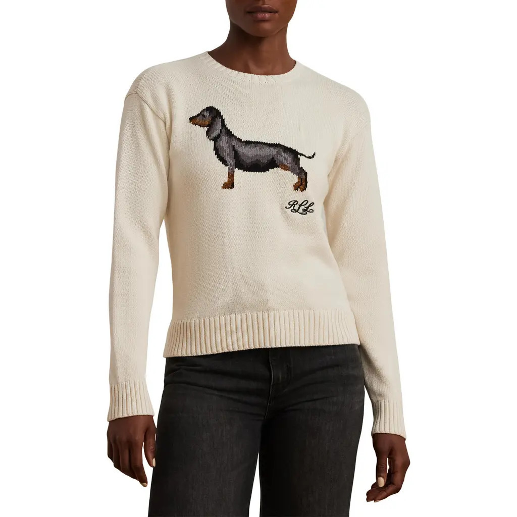 Lauren Ralph Lauren Intarsia Dachshund Cotton Sweater in Mascarpone Cream at Nordstrom, Size Small | Nordstrom