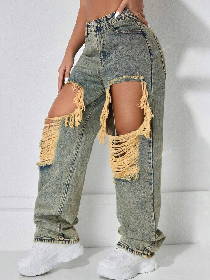 Street High Waist Slant Pocket Ripped Straight Leg Jeans | SHEIN