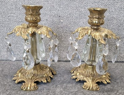 Vtg 1970s Pair Brass Glass Hollywood Regency Candle Stick Holders Crystal Prisms | eBay | eBay US