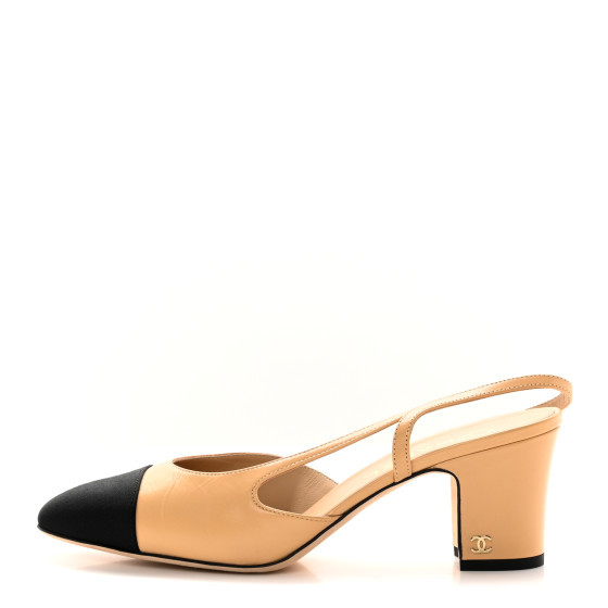 Goatskin Grosgrain Cap Toe CC Slingback Pumps 40 Beige Black | FASHIONPHILE (US)