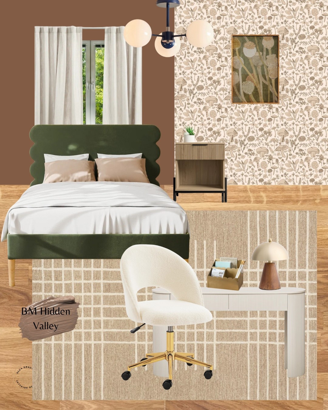 Gorgeous teen/student bedroom! Neutral rug, white curvy desk, upholstered desk chair, green scalloped queen bed, mushroom wallpaper, mushroom lamp, affordable nightstand. #homedecor #teenbedroom

#LTKStyleTip #LTKHome #LTKFamily
