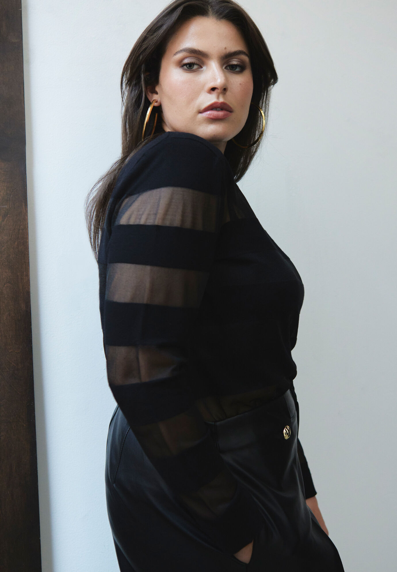 Sheer Stripe Sweater With Shoulder Pad | Eloquii