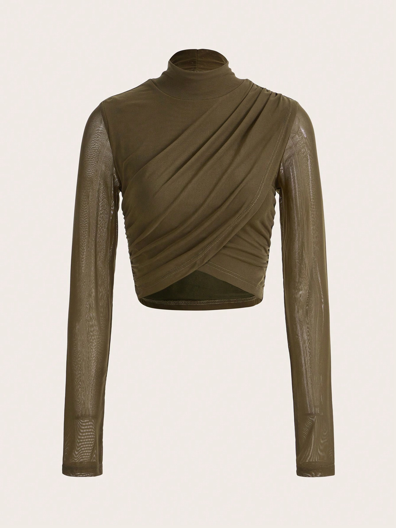 SHEIN MOD Mock Neck Ruched Wrap Cross Mesh Top | SHEIN
