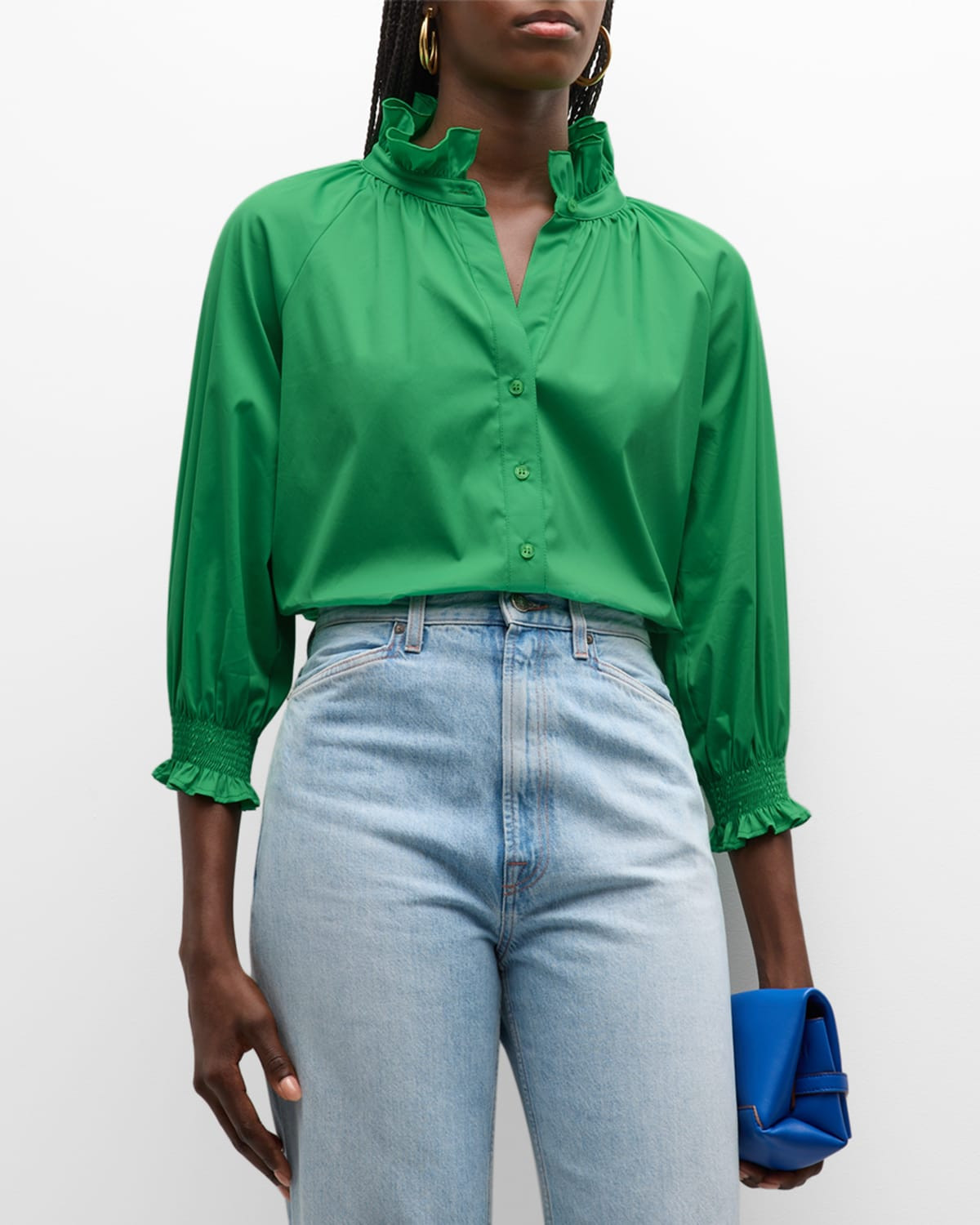 Fiona Ruched Ruffle-Trim Poplin Shirt | Neiman Marcus