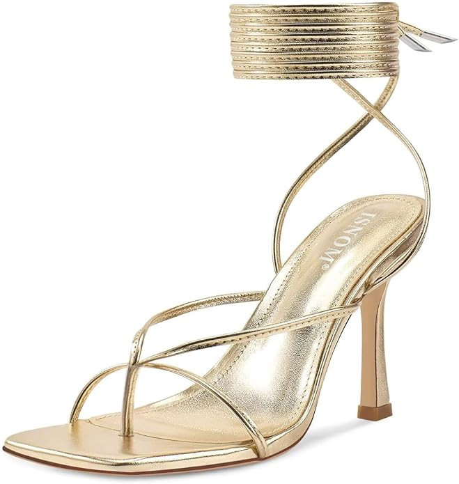 ISNOM Lace Up Heels Sandals for Women, Square Toe, Open Toe Thong, Stiletto Heels Design | Amazon (US)