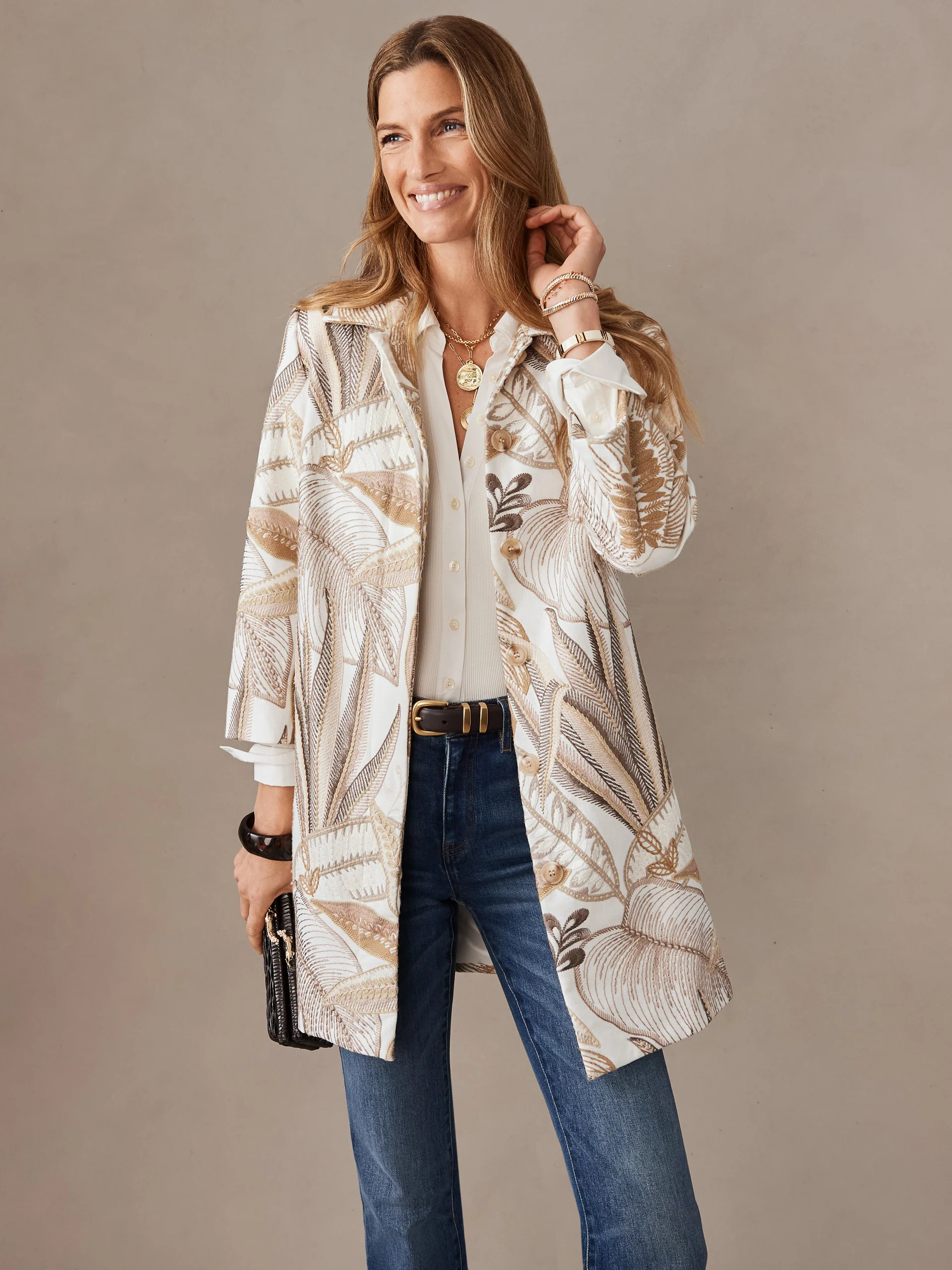 Off_White/Sand Lush Leaves Emb Deirdre Coat | Women's Jackets & Outerwear | J.McLaughlin | J.McLaughlin