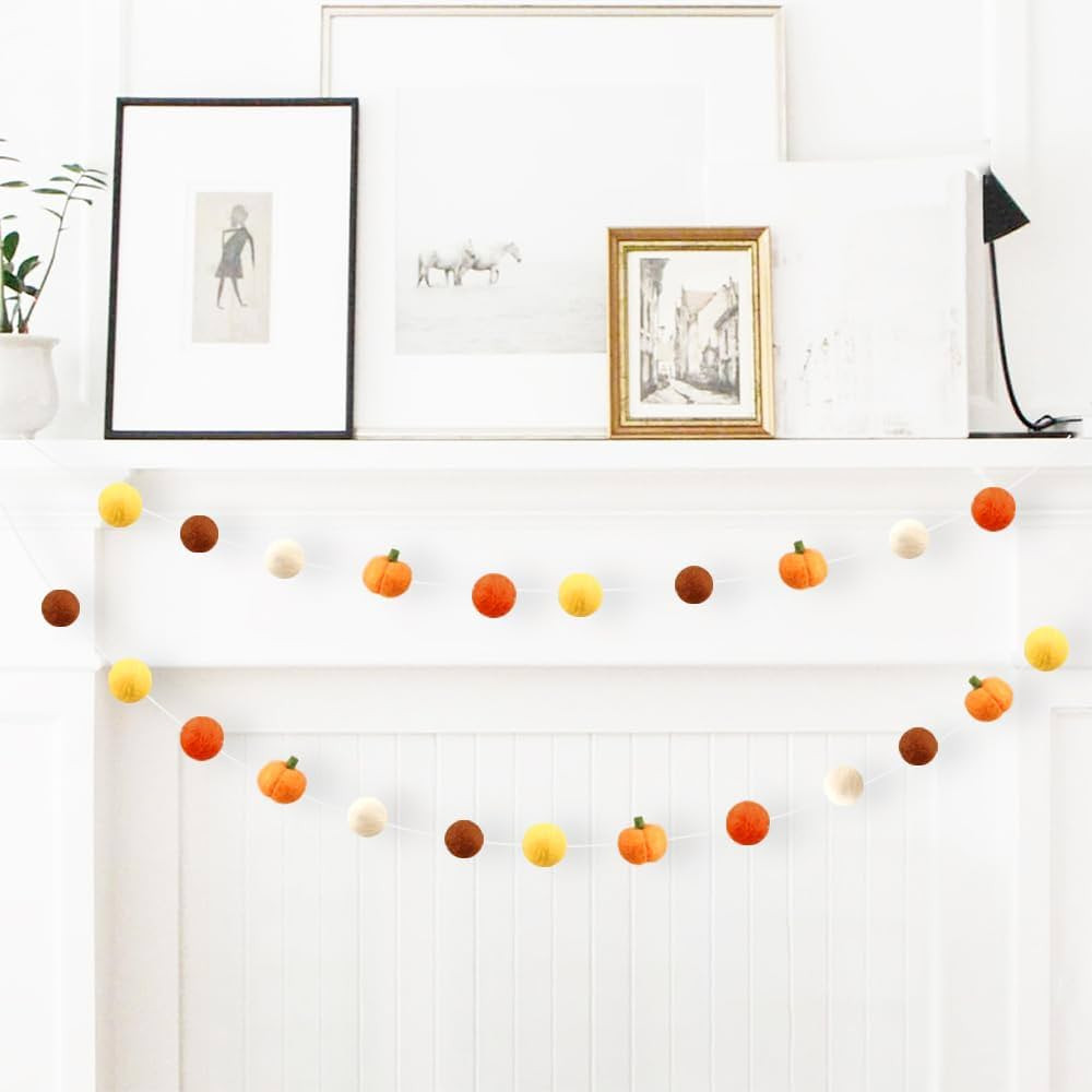 Classic Fall Pumpkin Garland, 23 Ball Pumpkin Pom Pom Ball Decor Wool Felt Ball Garland for Thank... | Amazon (US)