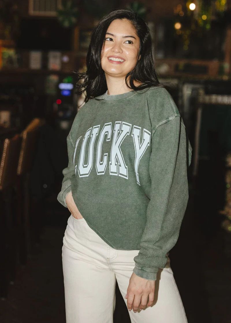 Lucky Collegiate Cord Sweatshirt - Evergreen | Alice & Wonder