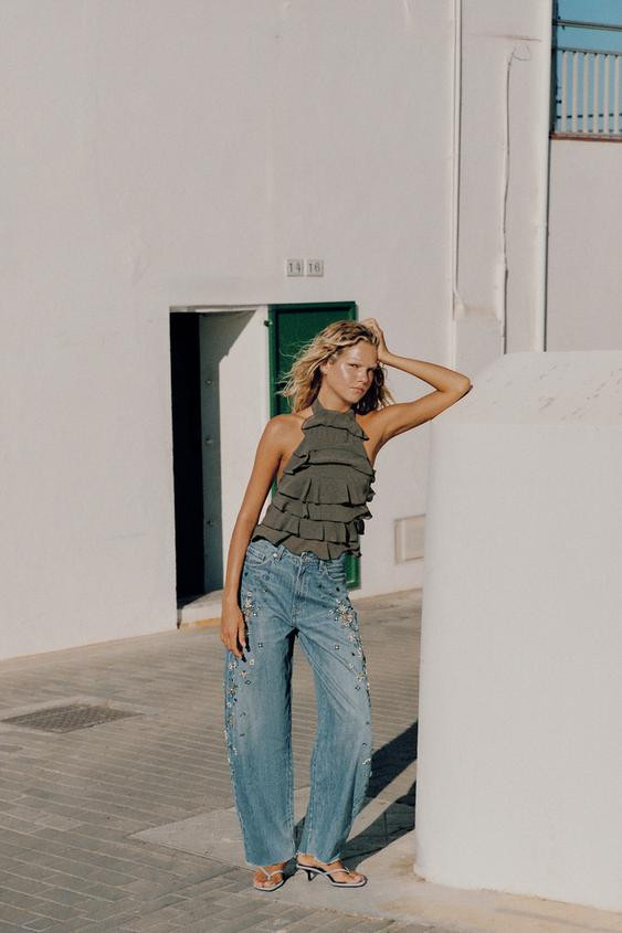 Zara - Trf High Rise Embroidered Barrel Jeans - Blue - 30 (Us 10) - Woman | Zara US