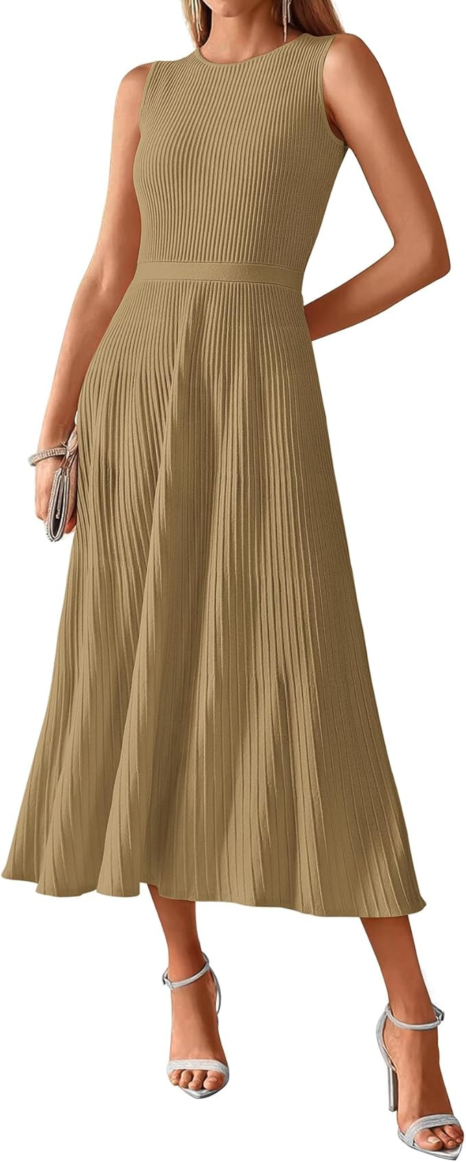 BTFBM Women Midi Bodycon Tank Dress Summer Crewneck Sleeveless Pleated A Line Business Casual Kni... | Amazon (US)