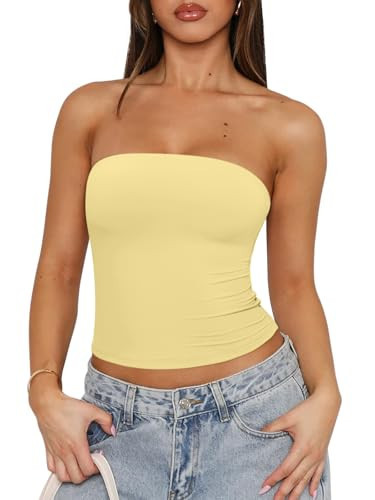REORIA Women Sexy Tube Top Summer Y2K Double Lined Strapless Backless Sleeveless Crop Tank Top 2025 Going Out Outfits Pastel Yellow Small | Amazon (US)